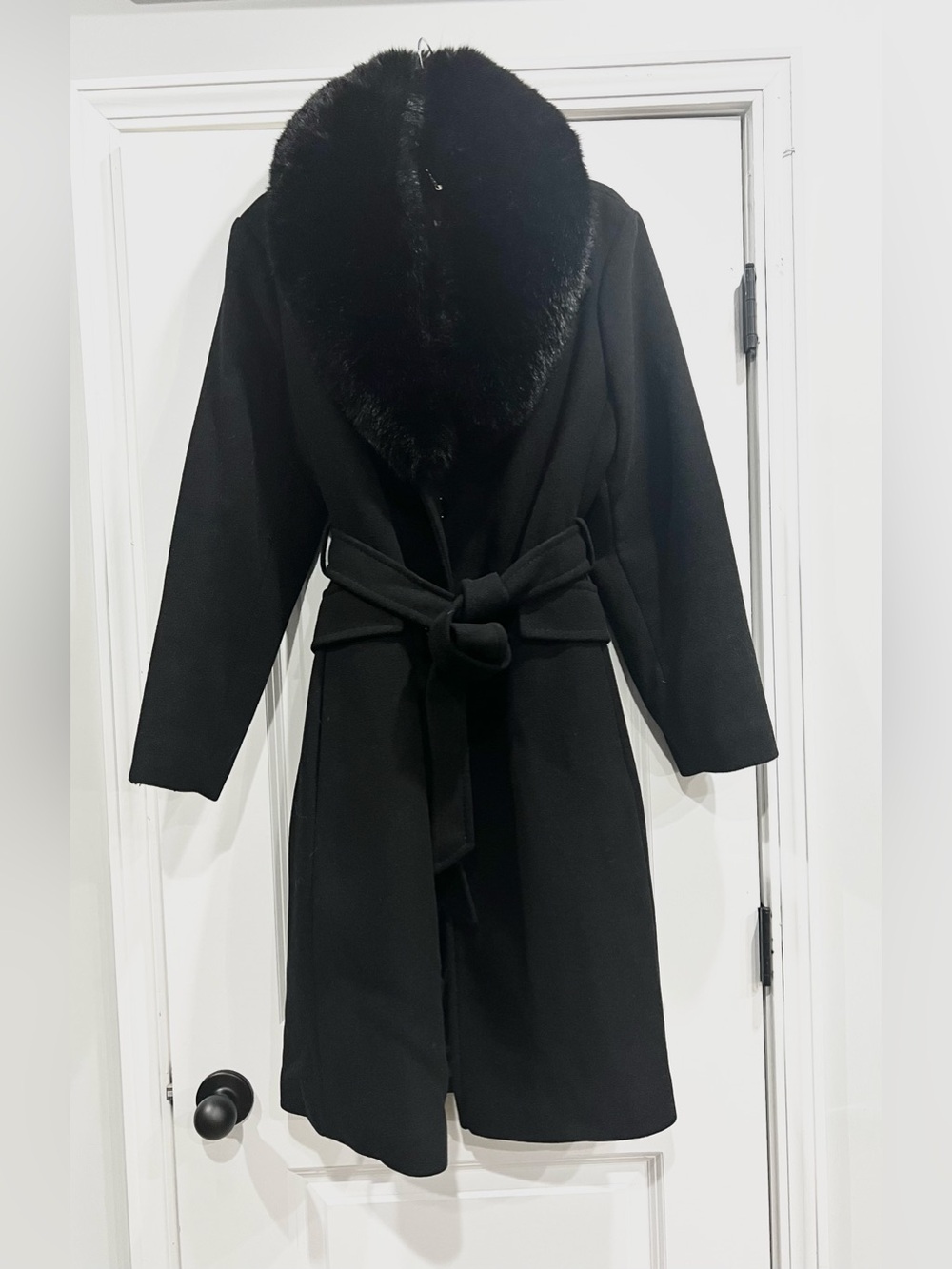 Kate Spade New York Black Wool Faux Fur Collar Belted Coat XL